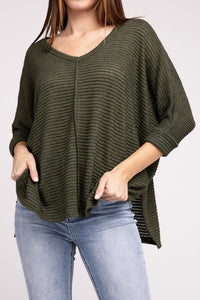 3/4 Sleeve V-Neck Hi-Low Hem Jacquard Sweater - Happily Ever Atchison Shop Co.