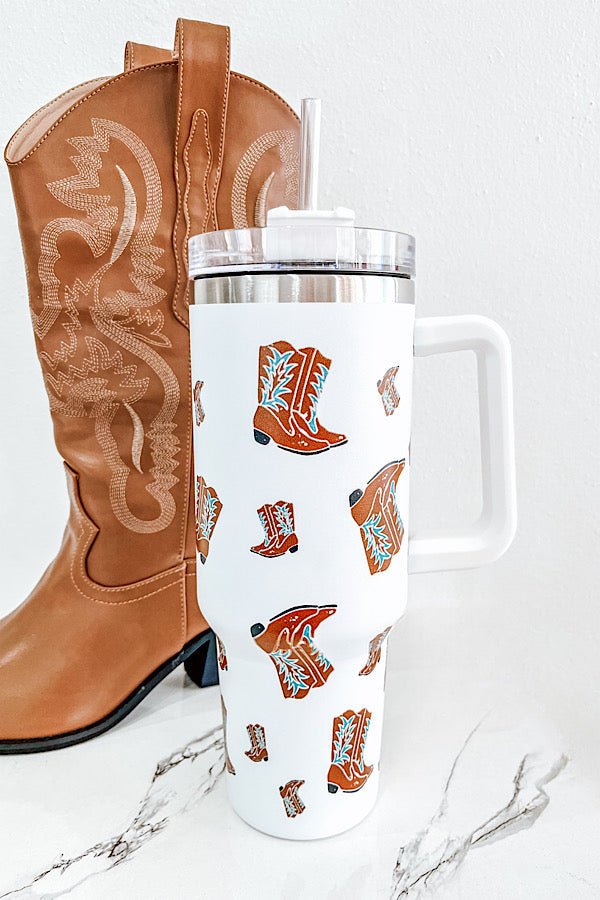 40 oz White Western Boot Tumbler - Happily Ever Atchison Shop Co.