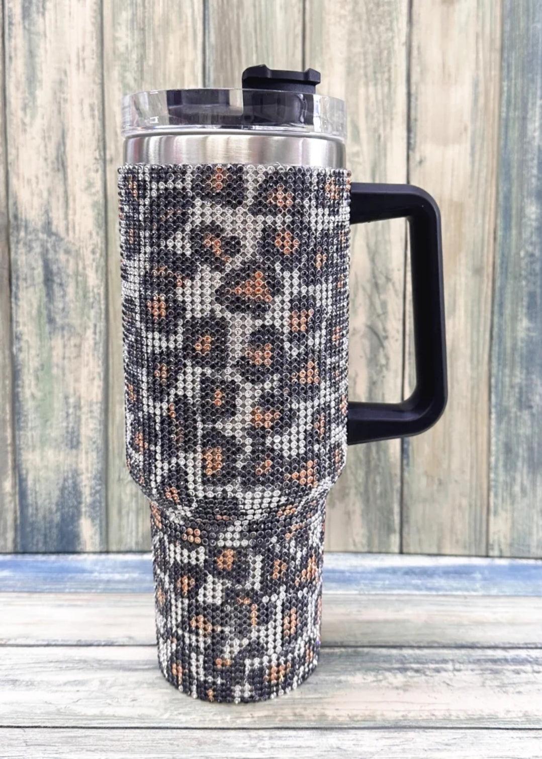 40OZ Leopard Rhinestone Tumbler - Happily Ever Atchison Shop Co.