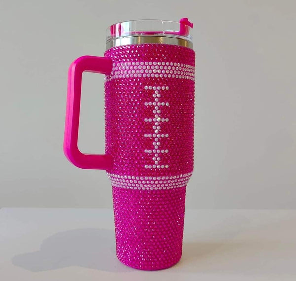 40OZ "Pink Football" Rhinestone Tumbler - Happily Ever Atchison Shop Co.