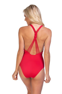 SOLID BRAIDED BACK PLUNGING ONE PIECE SWIMSUIT