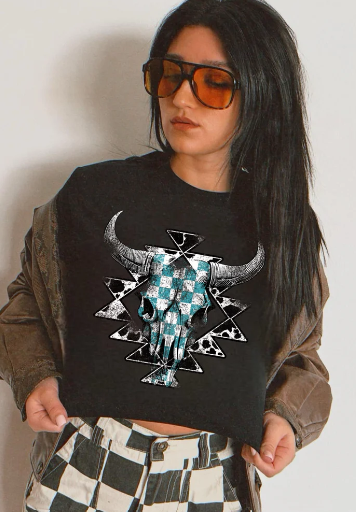 Turquoise Checkered Bull Skull Graphic Tee