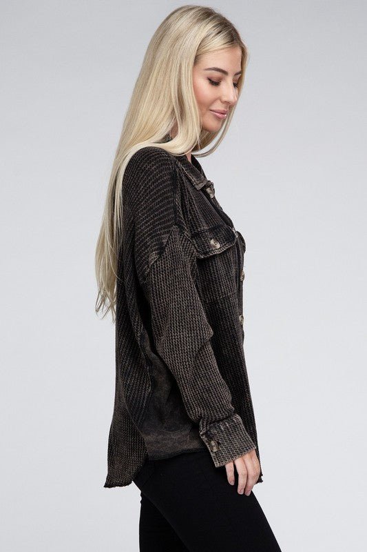 Acid Wash Oversized Cotton Waffle Shacket - Happily Ever Atchison Shop Co.