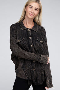 Acid Wash Oversized Cotton Waffle Shacket - Happily Ever Atchison Shop Co.