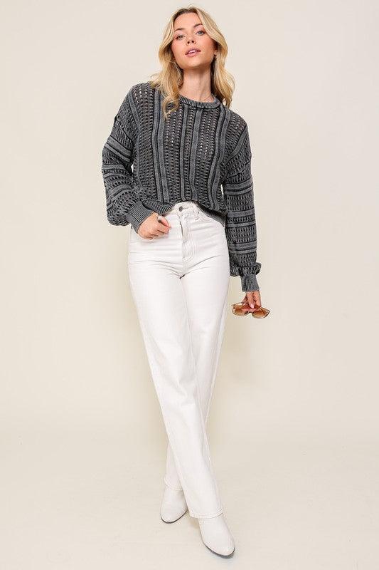 Acid Wash Round Neck Sweater - Happily Ever Atchison Shop Co.