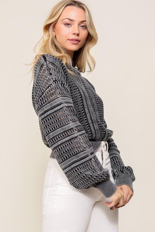 Acid Wash Round Neck Sweater - Happily Ever Atchison Shop Co.