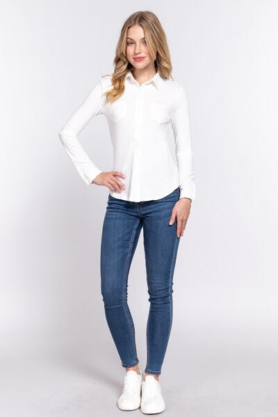 ACTIVE BASIC Long Sleeve Front Pocket DTY Brushed Shirt - Happily Ever Atchison Shop Co.