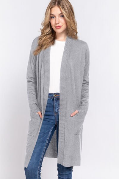 ACTIVE BASIC Open Front Rib Trim Long Sleeve Knit Cardigan - Happily Ever Atchison Shop Co.