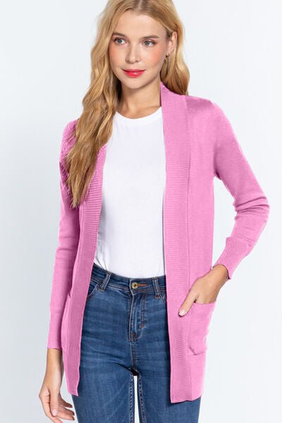 ACTIVE BASIC Ribbed Trim Open Front Cardigan - Happily Ever Atchison Shop Co.