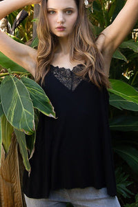 Adjustable Strap Lace Detail Cami Casual Tank Top in Black - Happily Ever Atchison Shop Co.