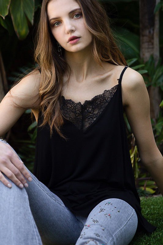 Adjustable Strap Lace Detail Cami Casual Tank Top in Black - Happily Ever Atchison Shop Co.