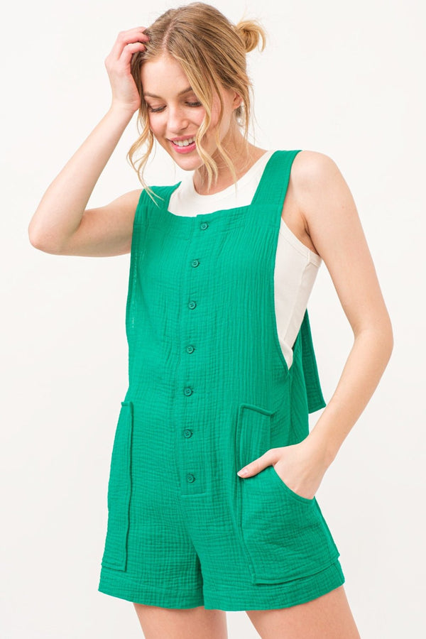 And The Why Button Up Tie Back Sleeveless Romper - Happily Ever Atchison Shop Co.