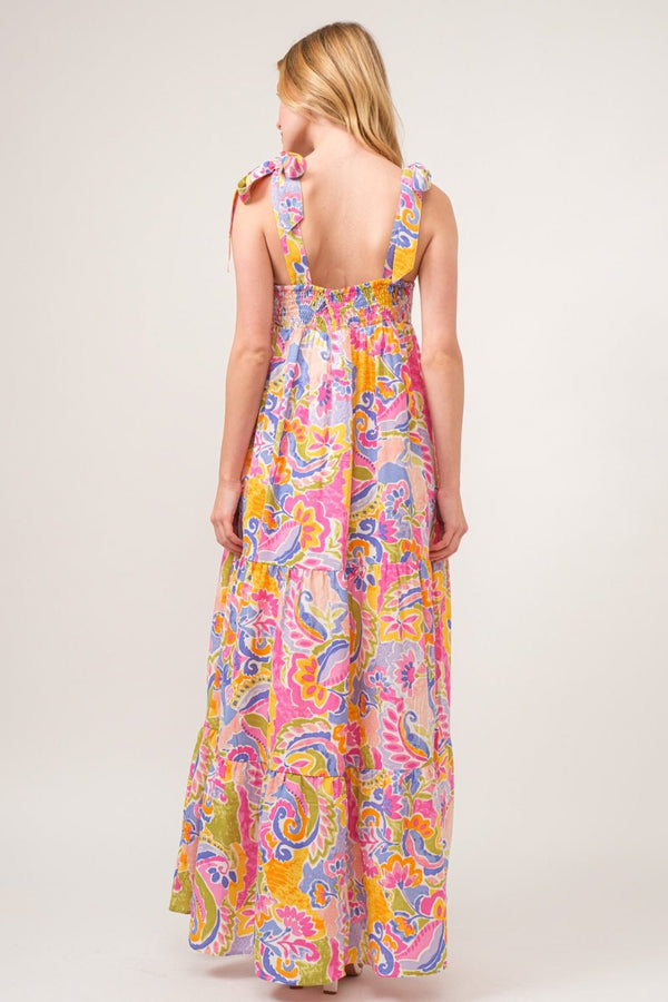 And The Why Full Size Printed Tie Shoulder Tiered Maxi Dress - Happily Ever Atchison Shop Co.