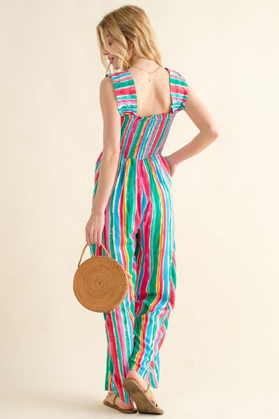 And The Why Full Size Striped Smocked Sleeveless Jumpsuit - Happily Ever Atchison Shop Co.