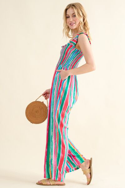 And The Why Full Size Striped Smocked Sleeveless Jumpsuit - Happily Ever Atchison Shop Co.