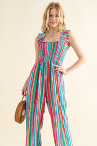 And The Why Full Size Striped Smocked Sleeveless Jumpsuit - Happily Ever Atchison Shop Co.