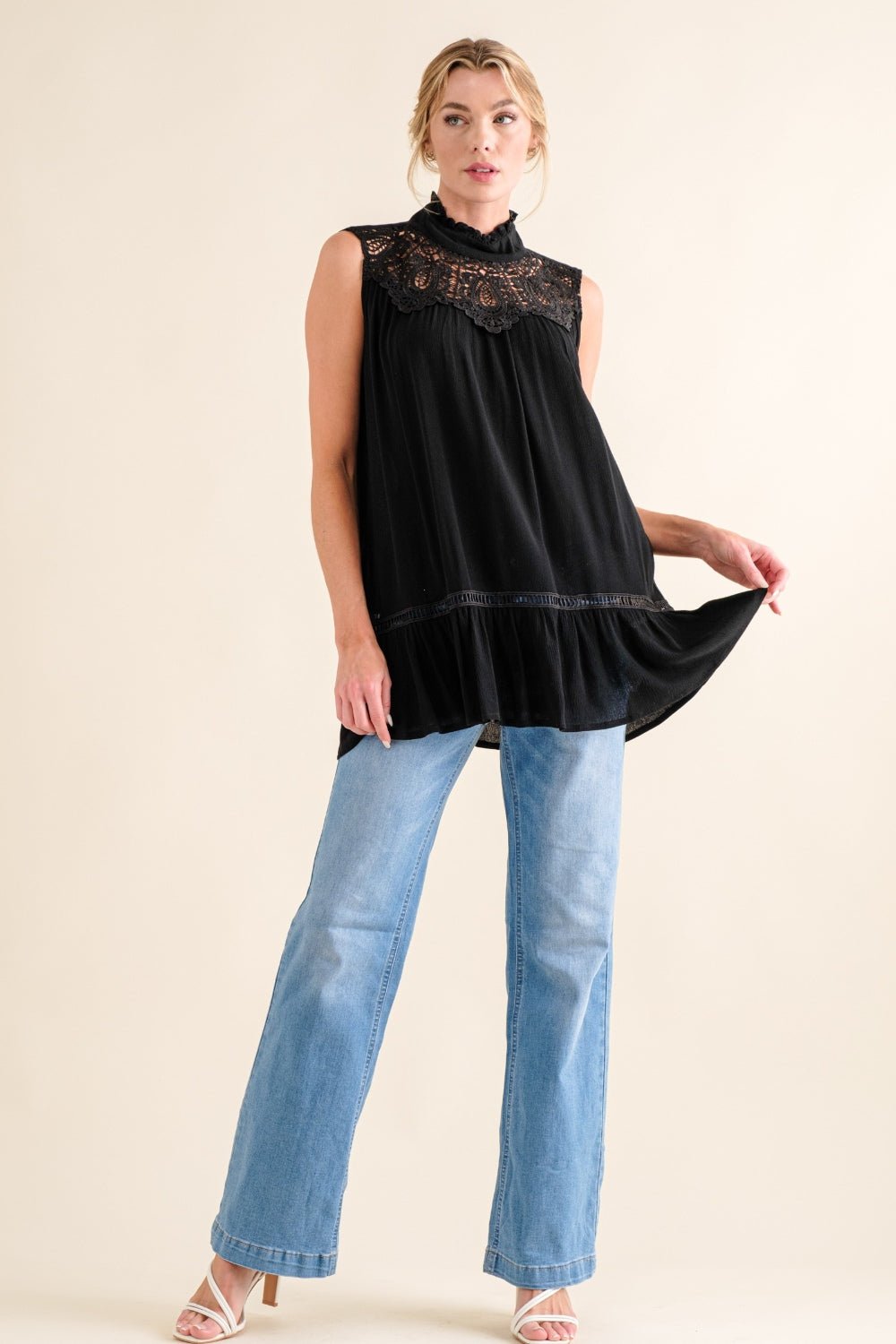 And The Why Lace Detail Sleeveless Ruffled Top - Happily Ever Atchison Shop Co.