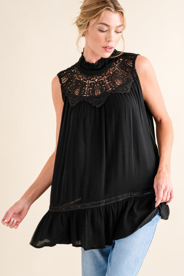 And The Why Lace Detail Sleeveless Ruffled Top - Happily Ever Atchison Shop Co.