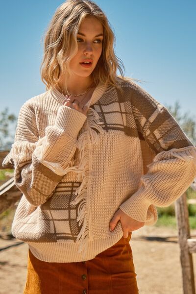 And The Why Plaid Pattern Color Block Fringe Sweater - Happily Ever Atchison Shop Co.