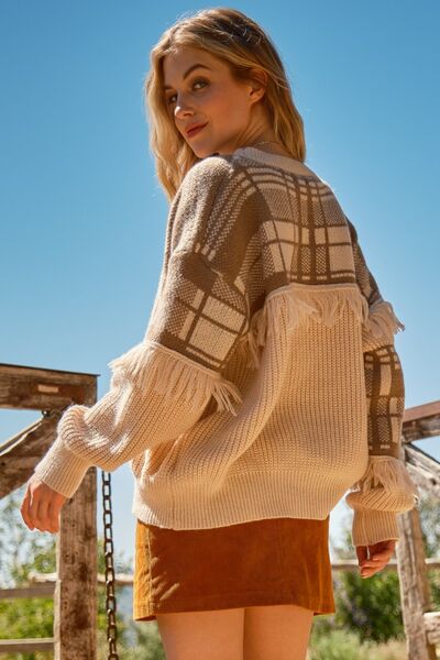 And The Why Plaid Pattern Color Block Fringe Sweater - Happily Ever Atchison Shop Co.