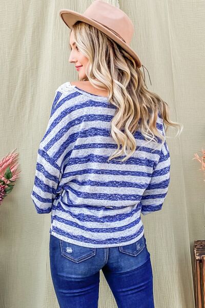 And The Why Striped Lace Detail V Neck Top - Happily Ever Atchison Shop Co.