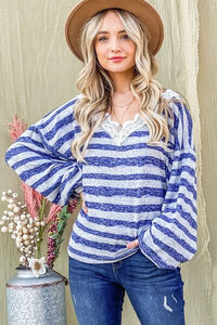And The Why Striped Lace Detail V Neck Top - Happily Ever Atchison Shop Co.