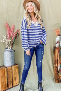 And The Why Striped Lace Detail V Neck Top - Happily Ever Atchison Shop Co.