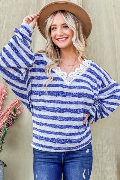 And The Why Striped Lace Detail V Neck Top - Happily Ever Atchison Shop Co.