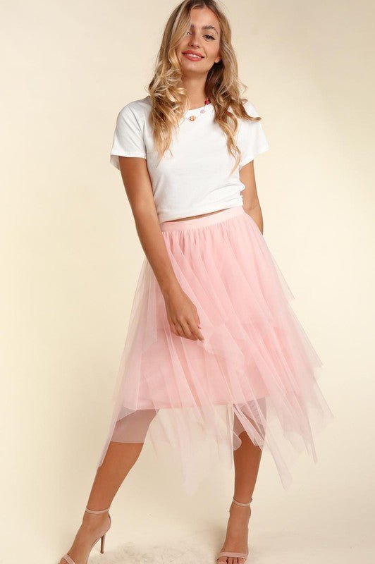 ASYMMETRIC TIERED TULLE MIDI SKIRT WITH LINING - Happily Ever Atchison Shop Co.