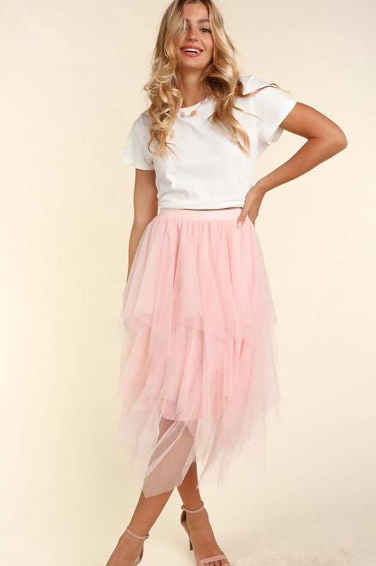 ASYMMETRIC TIERED TULLE MIDI SKIRT WITH LINING - Happily Ever Atchison Shop Co.