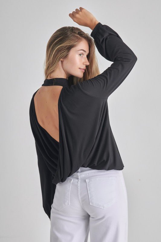 Backless Cowl Twist Back Long bubble Sleeve Top - Happily Ever Atchison Shop Co.
