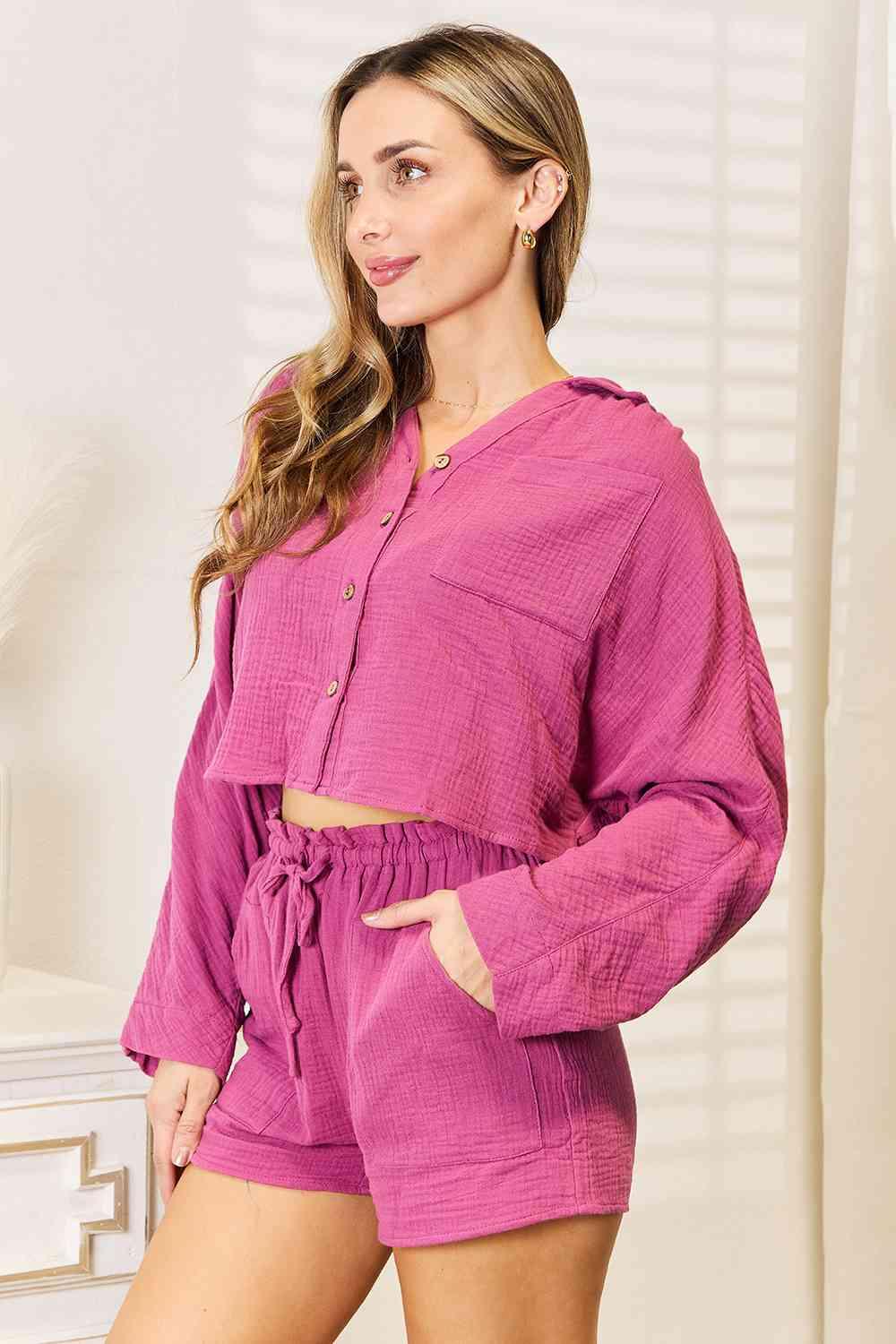 Basic Bae Buttoned Long Sleeve Top and Shorts Set - Happily Ever Atchison Shop Co.