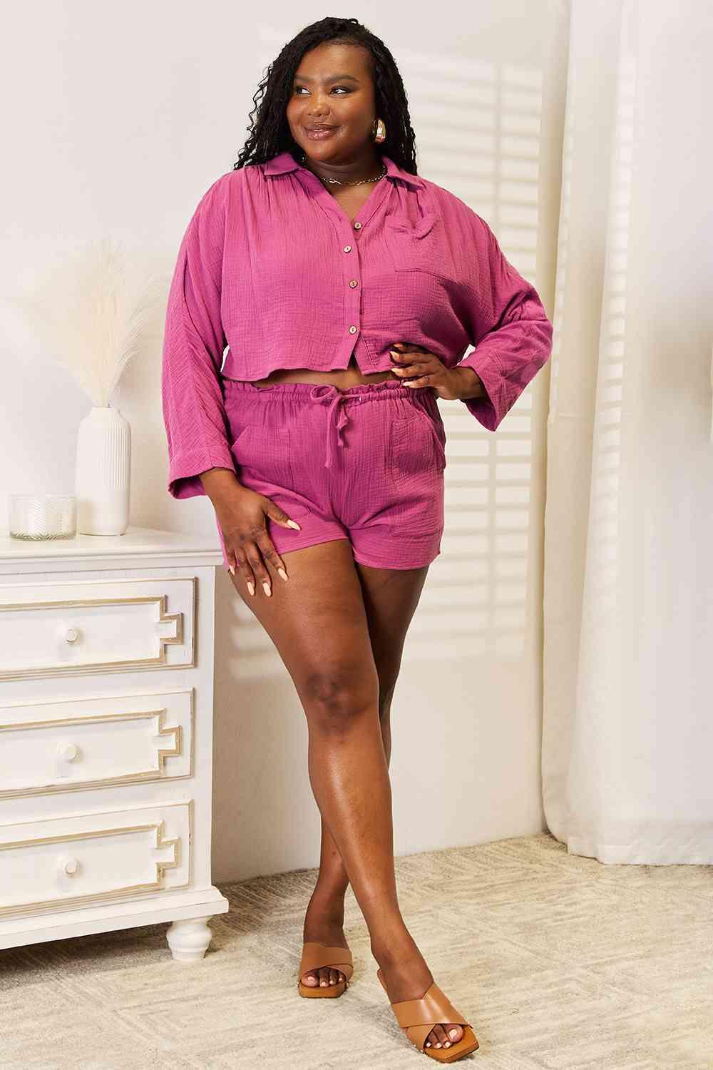 Basic Bae Buttoned Long Sleeve Top and Shorts Set - Happily Ever Atchison Shop Co.