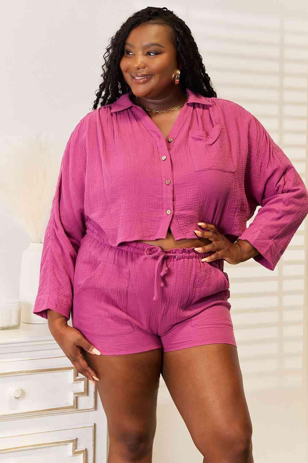 Basic Bae Buttoned Long Sleeve Top and Shorts Set - Happily Ever Atchison Shop Co.