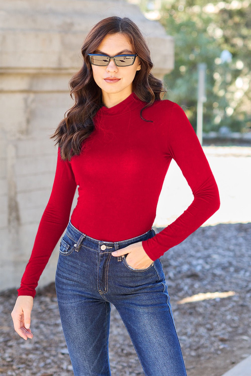 Basic Bae Full Size Mock Neck Long Sleeve Bodysuit - Happily Ever Atchison Shop Co.