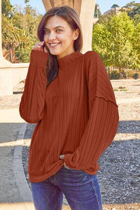 Basic Bae Full Size Ribbed Exposed Seam Mock Neck Knit Top - Happily Ever Atchison Shop Co.