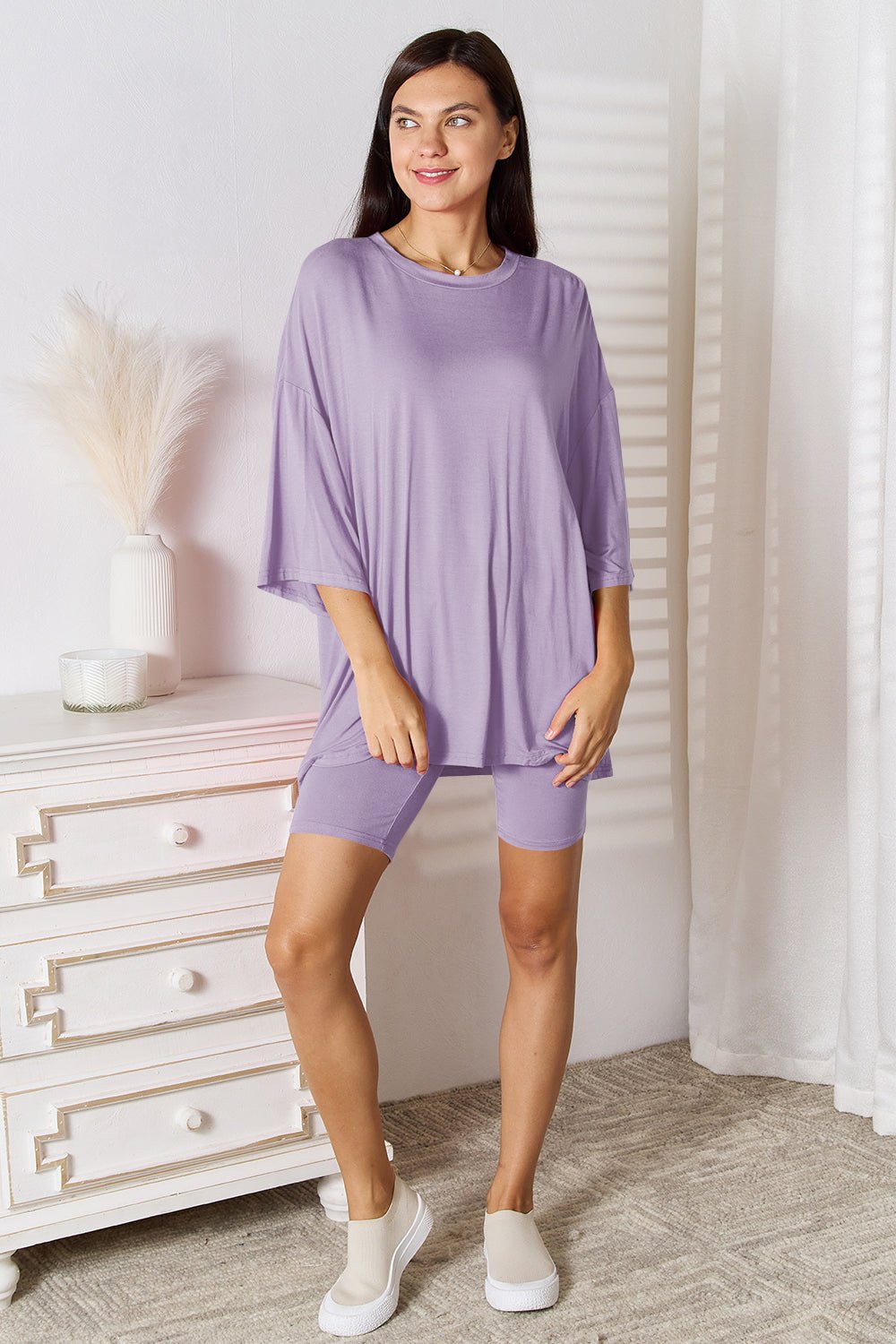 Basic Bae Full Size Soft Rayon Three - Quarter Sleeve Top and Shorts Set - Happily Ever Atchison Shop Co.