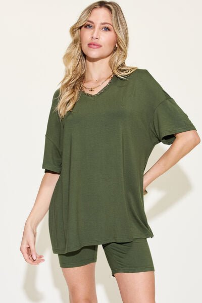 Basic Bae Full Size V-Neck Drop Shoulder Short Sleeve T-Shirt and Shorts Set - Happily Ever Atchison Shop Co.