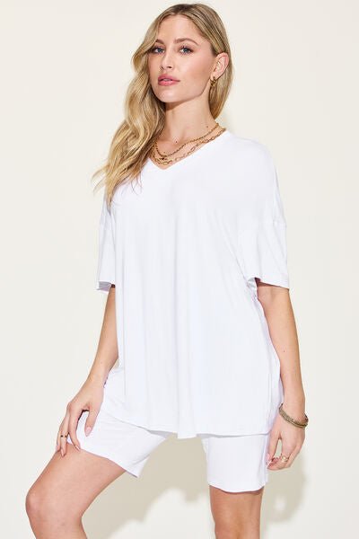 Basic Bae Full Size V-Neck Drop Shoulder Short Sleeve T-Shirt and Shorts Set - Happily Ever Atchison Shop Co.