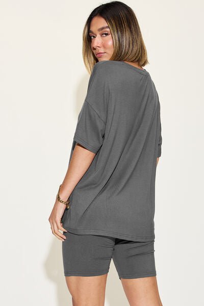 Basic Bae Full Size V-Neck Drop Shoulder Short Sleeve T-Shirt and Shorts Set - Happily Ever Atchison Shop Co.