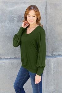 Basic Bae Full Size V-Neck Lantern Sleeve Blouse - Happily Ever Atchison Shop Co.