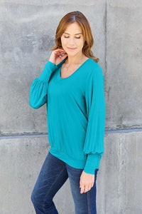 Basic Bae Full Size V-Neck Lantern Sleeve Blouse - Happily Ever Atchison Shop Co.