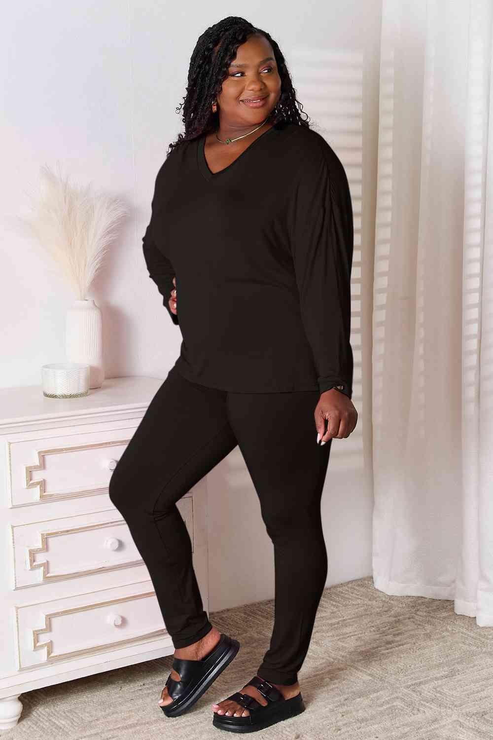 Basic Bae Full Size V-Neck Soft Rayon Long Sleeve Top and Pants Lounge Set - Happily Ever Atchison Shop Co.