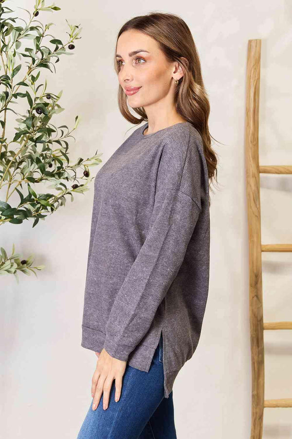 Basic Bae Round Neck Drop Shoulder Slit Sweatshirt - Happily Ever Atchison Shop Co.