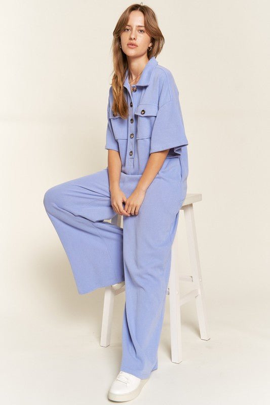 Basic Collar Shirt Wide leg Jumpsuit - Happily Ever Atchison Shop Co.