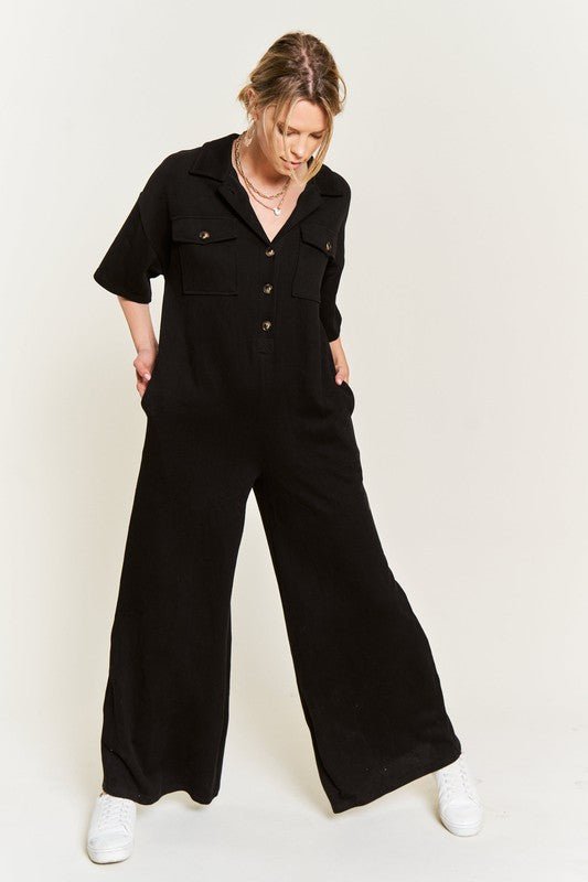 Basic Collar Shirt Wide leg Jumpsuit - Happily Ever Atchison Shop Co.