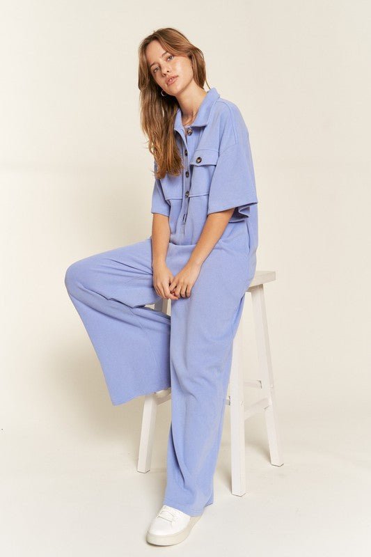 Basic Collar Shirt Wide leg Jumpsuit - Happily Ever Atchison Shop Co.