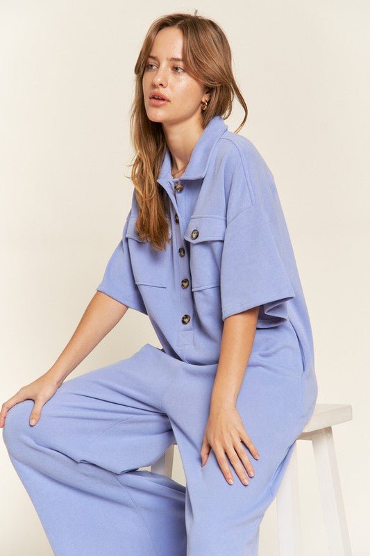 Basic Collar Shirt Wide leg Jumpsuit - Happily Ever Atchison Shop Co.