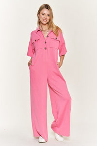 Basic Collar Shirt Wide leg Jumpsuit - Happily Ever Atchison Shop Co.