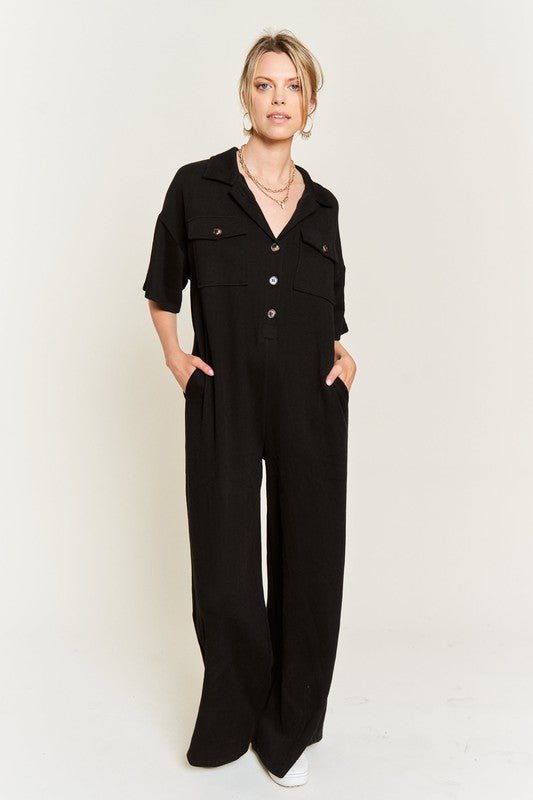 Basic Collar Shirt Wide leg Jumpsuit - Happily Ever Atchison Shop Co.